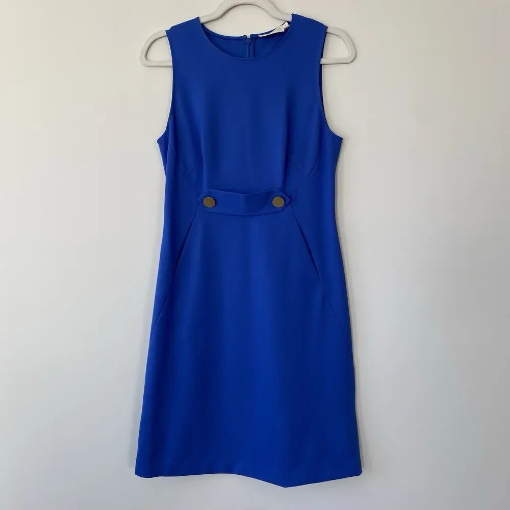 Tory Burch Brynn Ponte Dress Sheath Sleeveless Career Stretch Gold Buttons S